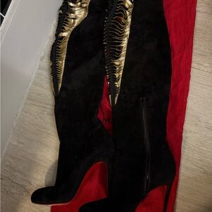 Christian Louboutin Black and Gold Over-the-Knee Boots